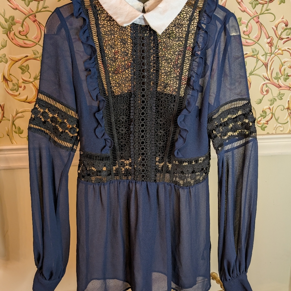 Self Portrait London Georgette And Guipure Lace Blouse Navy Size 4 - Picture 3 of 9